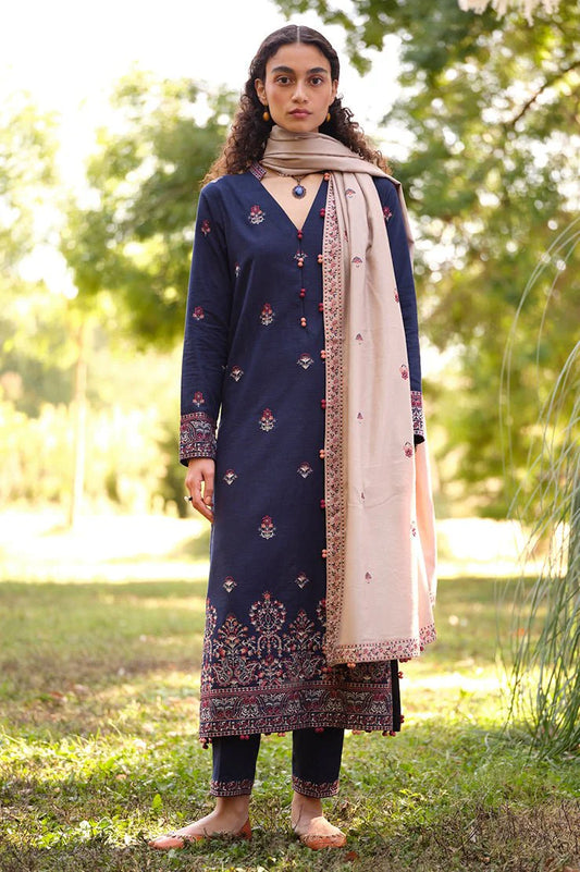 MARIA B- 3PC DHANAK EMBROIDERED SHIRT WITH DHANAK EMBROIDERED SHAWL-W.J-1177