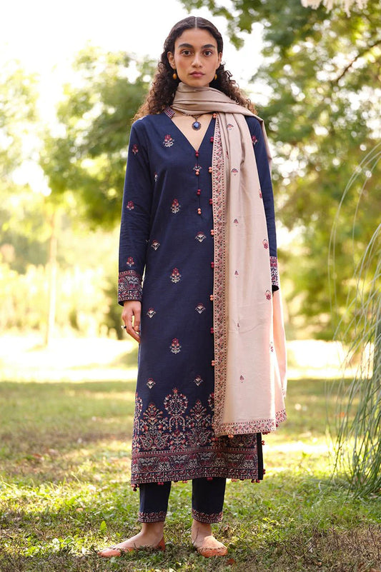 MARIA B- 3PC DHANAK EMBROIDERED SHIRT WITH DHANAK EMBROIDERED SHAWL & EMB TROUSER-W.J-1784