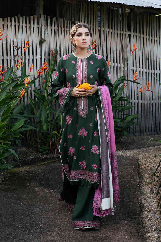 ZARA SHAH JAHAN-3PC KHADDAR EMBROIDERD SHIRT WITH COUTRAI PRINTED SHAWL AND EMB TROUSER-W.J-1225