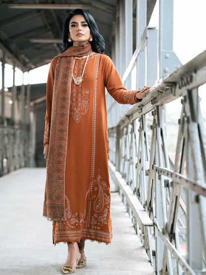 IZEL-3PC DHANAK EMBROIDERED SHIRT WITH COURTRAI PRINTED SHAWL AND TROUSER-WJ-1953