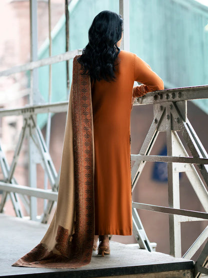 IZEL-3PC DHANAK EMBROIDERED SHIRT WITH COURTRAI PRINTED SHAWL AND TROUSER-WJ-1953