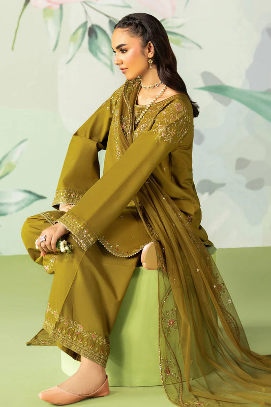 ETHNC-3PC DHANAK SEQUIN EMBROIDERED SHIRT WITH COTTON NET EMBROIDERED DUPATTA AND TROUSER-W.J-1918
