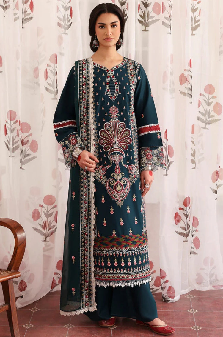 MAHNUR-3PC LAWN LASERWORK EMBROIDERED SHIRT WITH KHAADI NET EMBROIDERED DUPATTA AND TROUSER-W.J-4689