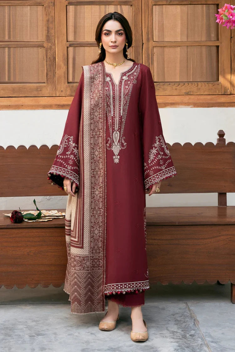 IZEL-3PC DHANAK EMBROIDERED SHIRT WITH COURTRAI PRINTED SHAWL & TROUSER-W.J-4384