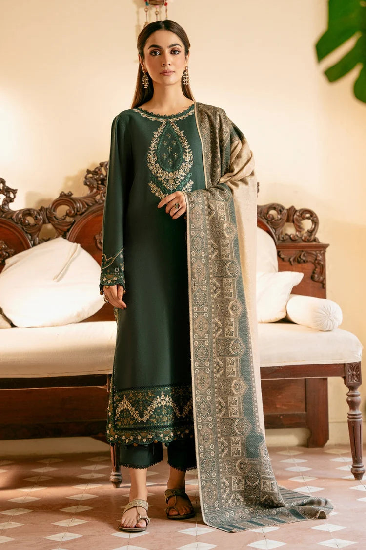 IZEL-3PC KHADDAR EMBROIDERED SHIRT WITH COURTRAI WOOL PRINT SHAWL AND TROUSER-W.J-4394