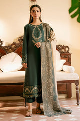 IZEL-3PC KHADDAR EMBROIDERED SHIRT WITH COURTRAI WOOL PRINT SHAWL AND TROUSER-W.J-4394