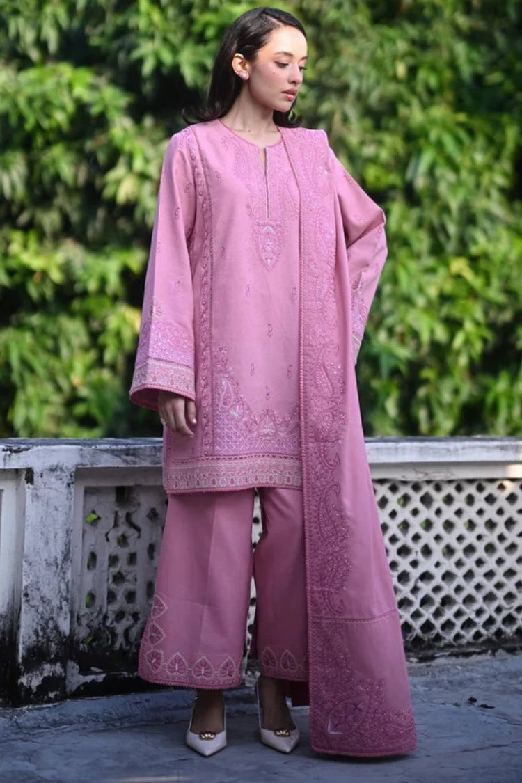 ZAIB-3PC DHANAK EMBROIDERED SHIRT WITH DHANAK EMBROIDERED SHAWL AND TROUSER-W.J-4399