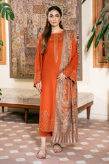 IZEL-3PC DHANAK EMBROIDERED SHIRT WITH WOOL PRINTED SHAWL AND TROUSER-W.J-5035