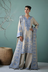 ZAIB-3PC DHANAK EMBROIDERED SHIRT WITH DHANAK EMBROIDERED SHAWL AND EMB TROUSER-W.J-5270