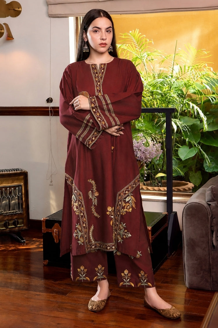 URGE-2PIECE DHANAK EMBROIDERED SHIRT WITH DHANAK EMB TROUSER-WJ-15090