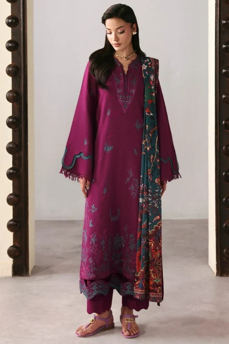 REPUBLIC -3PC DHANAK EMBROIDERED SHIRT WITH WOOL PRINT SHAWL AND TROUSER -W.J-5175