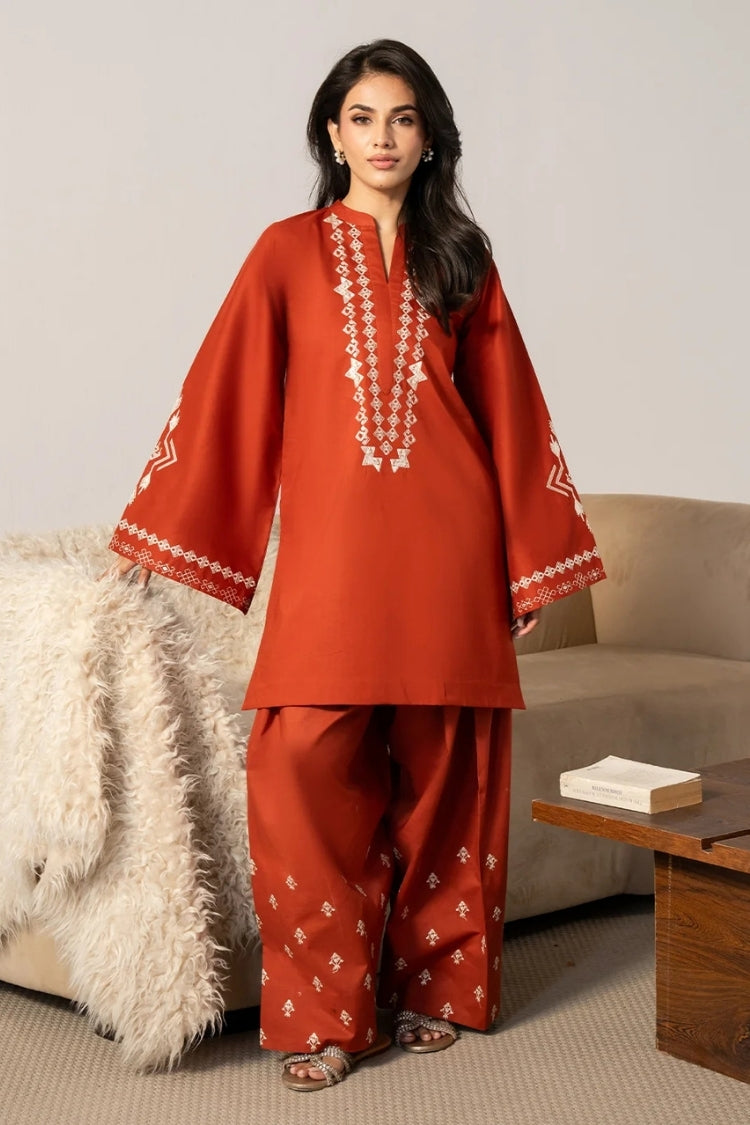 IZEL-2PIECE DHANAK EMBROIDERED SHIRT WITH DHANAK EMB TROUSER-WJ-15073