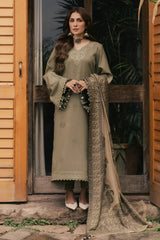 IZEL-3PC DHANAK EMBROIDERED SHIRT WITH COUTRAI PRINTED SHAWL AND TROUSER-W.J-5328