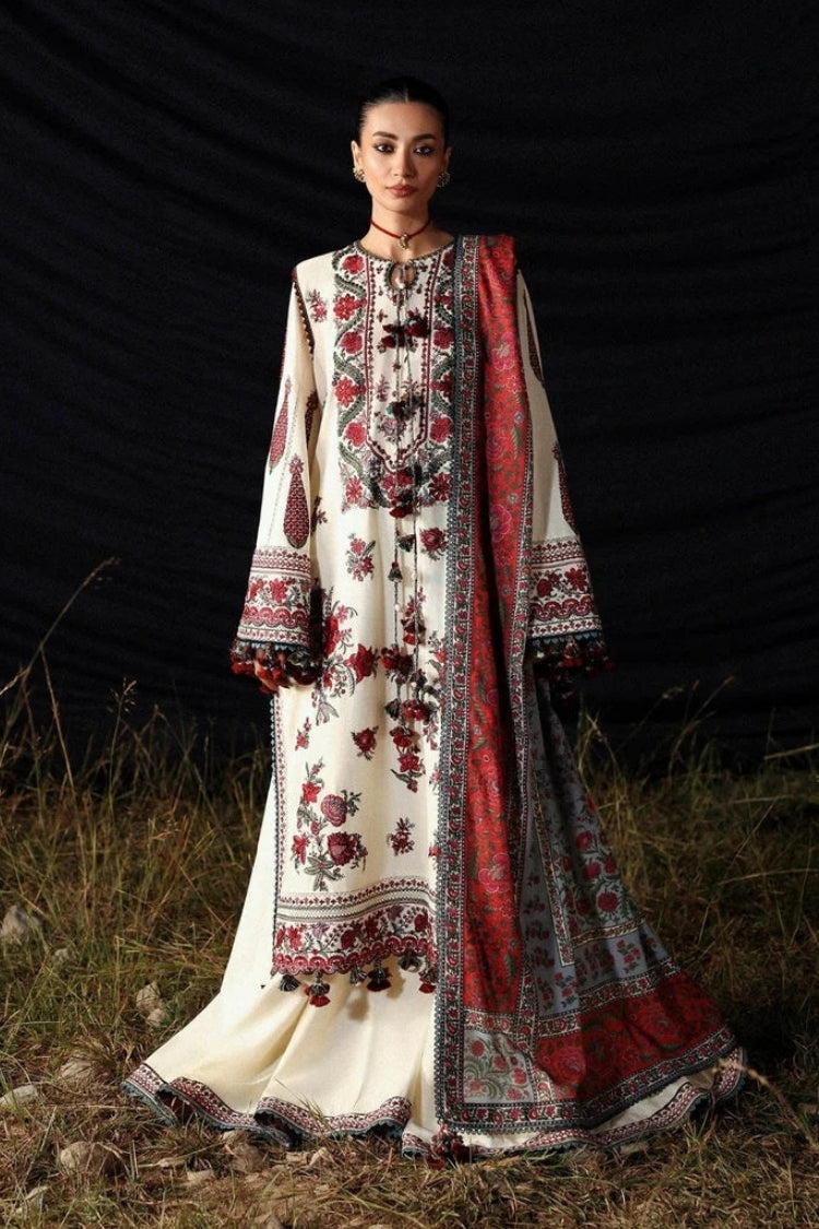 HUSSAIN REHAR-3PC KARANDI EMBROIDERED SHIRT WITH WOOL PRINTED SHAWL AND EMB TROUSER -W.J-5186