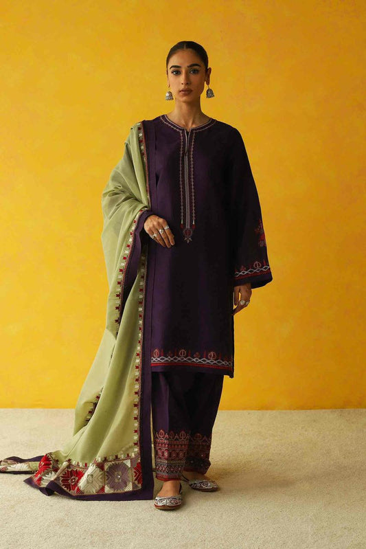 COCO BY ZARA SHAHJAHAN- 3PC DHANAK EMBROIDERED SHIRT WITH EMBROIDERED SHAWL-W.J-1052