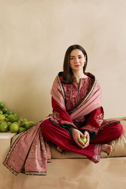 ZARA SHAHJAHAN-3PC DHANAK EMBROIDERED SHIRT WITH CORTRAI WOOL PRINTED SHAWL AND EMB TROUSER-W.J-1806