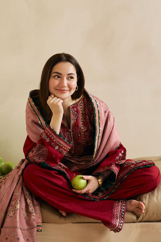 ZARA SHAHJAHAN-3PC DHANAK EMBROIDERED SHIRT WITH CORTRAI WOOL PRINTED SHAWL AND EMB TROUSER-W.J-1806