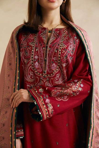ZARA SHAHJAHAN-3PC DHANAK EMBROIDERED SHIRT WITH CORTRAI WOOL PRINTED SHAWL AND EMB TROUSER-W.J-1806