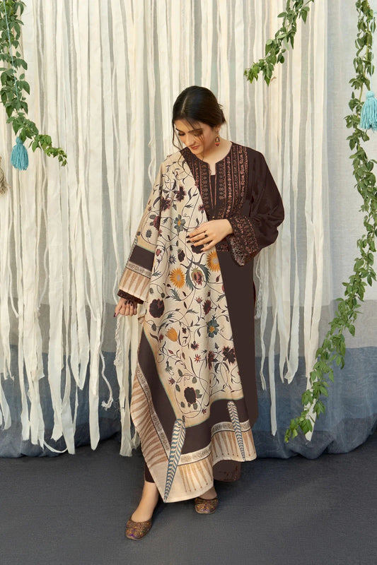 URGE - 3PC DHANAK EMBROIDERED SHIRT WITH WOOL PRINT SHAWL AND DHANAK EMB TROUSER-W.J-1285