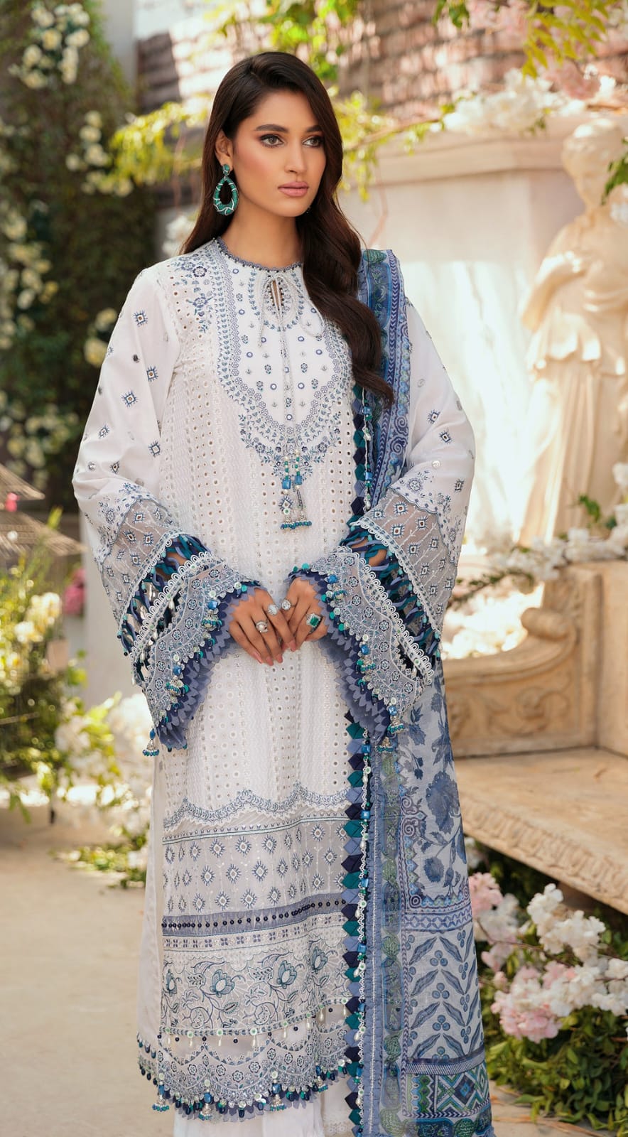 MARIA B - 3PC CHIKENKARI LAWN EMBROIDERED SHIRT WITH MONARK PRINT DUPATTA -W.J-1464