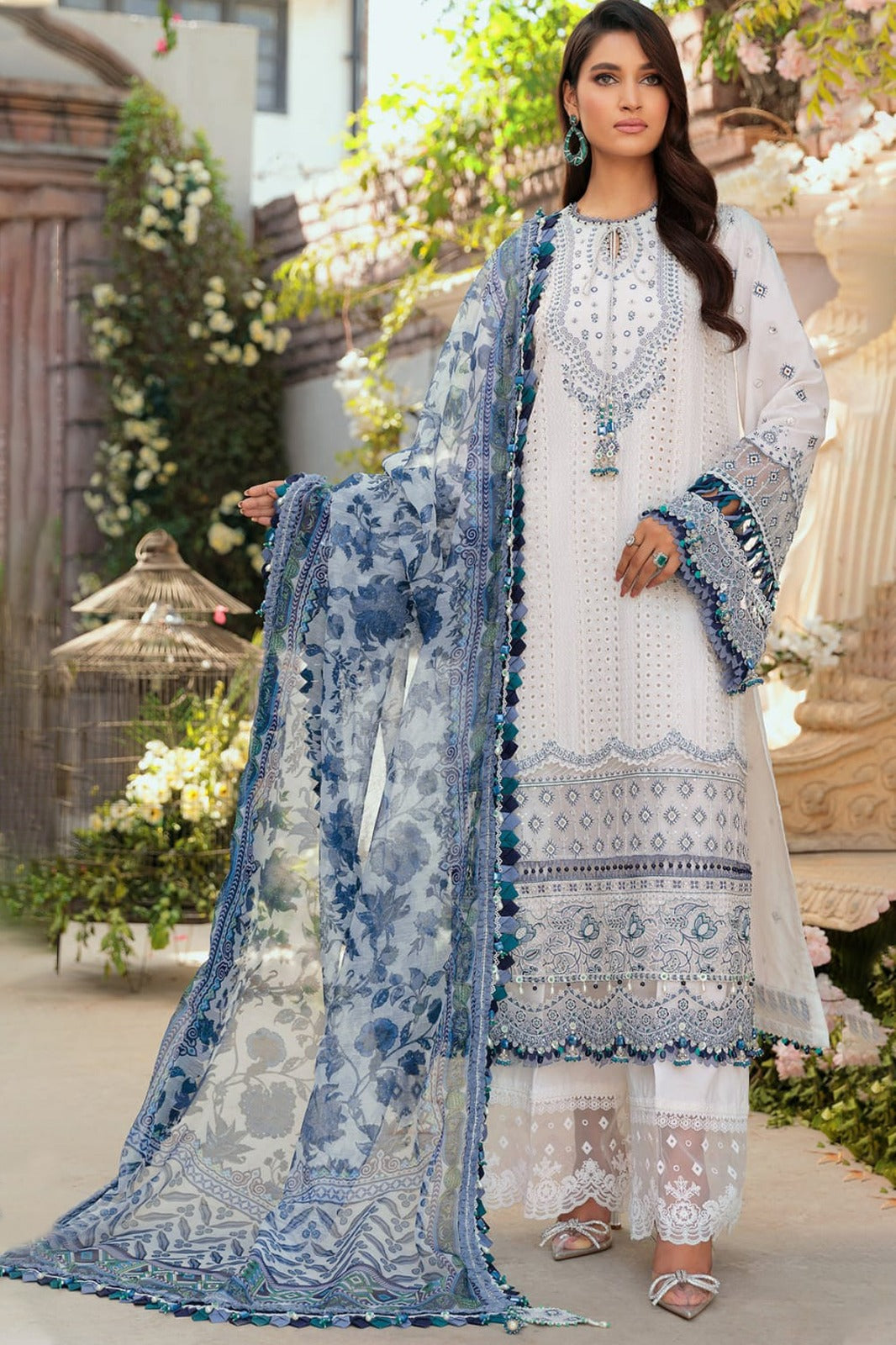 MARIA B - 3PC CHIKENKARI LAWN EMBROIDERED SHIRT WITH MONARK PRINT DUPATTA -W.J-1464