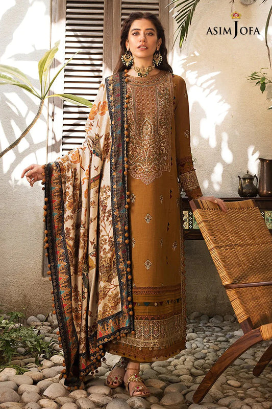 ASIM JOFA-3PC DHANAK EMBROIDERED SHIRT WITH COURTRAI PRINTED SHAWL & TROUSR-W.J-1042