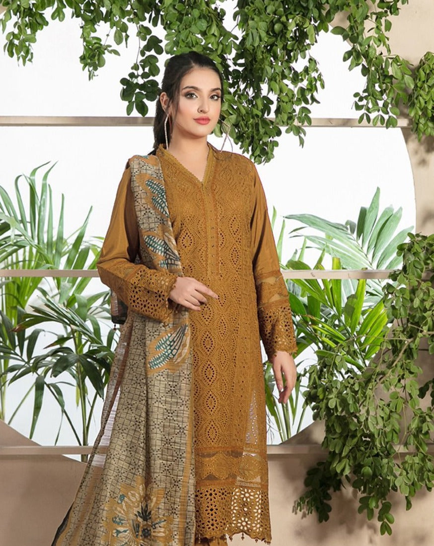 ZAINAB CHOTANI-3PC CHIKENKARI LAWN EMBROIDERED SHIRT WITH MONARK PRINT DUPATTA & TROUSER- MUSTERD-W.J-1568