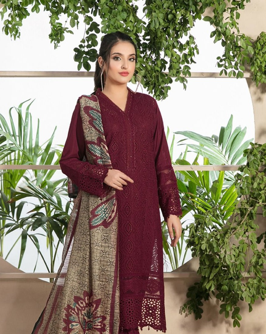 ZAINAB CHOTANI-3PC CHIKENKARI LAWN EMBROIDERED SHIRT WITH MONARK PRINT DUPATTA & TROUSER- MEHROON-W.J-1567