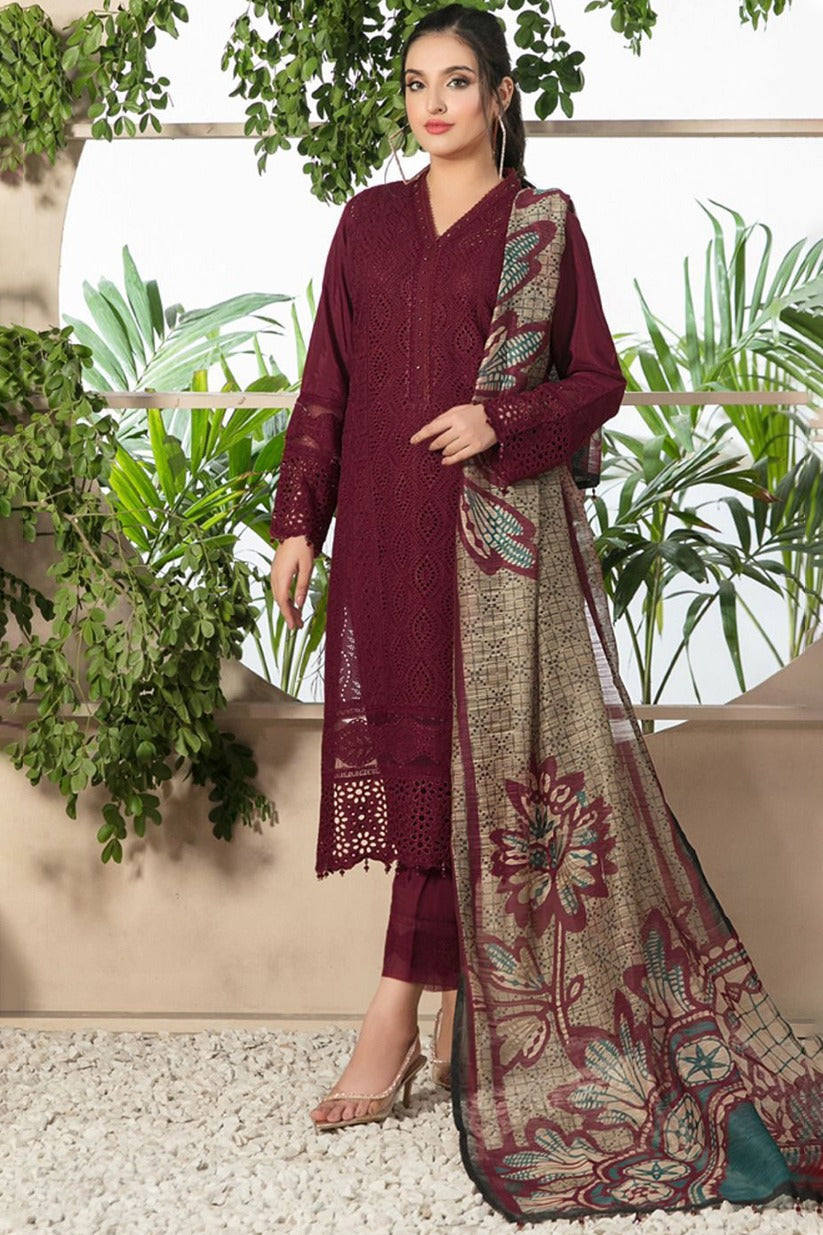 ZAINAB CHOTANI-3PC CHIKENKARI LAWN EMBROIDERED SHIRT WITH MONARK PRINT DUPATTA & TROUSER- MEHROON-W.J-1567