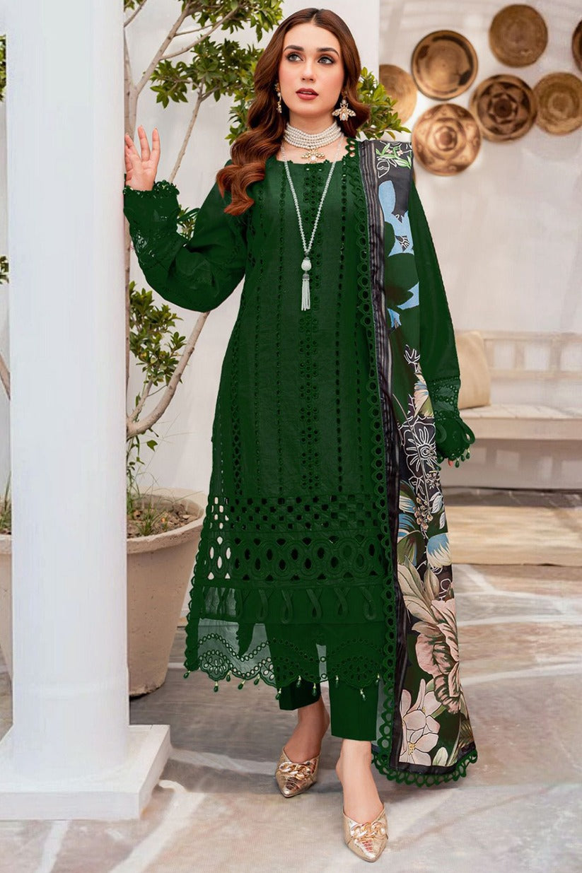 ZAINAB CHOTTANI-3PC CHIKENKARI LAWN EMBROIDERED WITH MONARK PRINT DUPATTA & TROUSER-MUNGIYA-W.J-1579