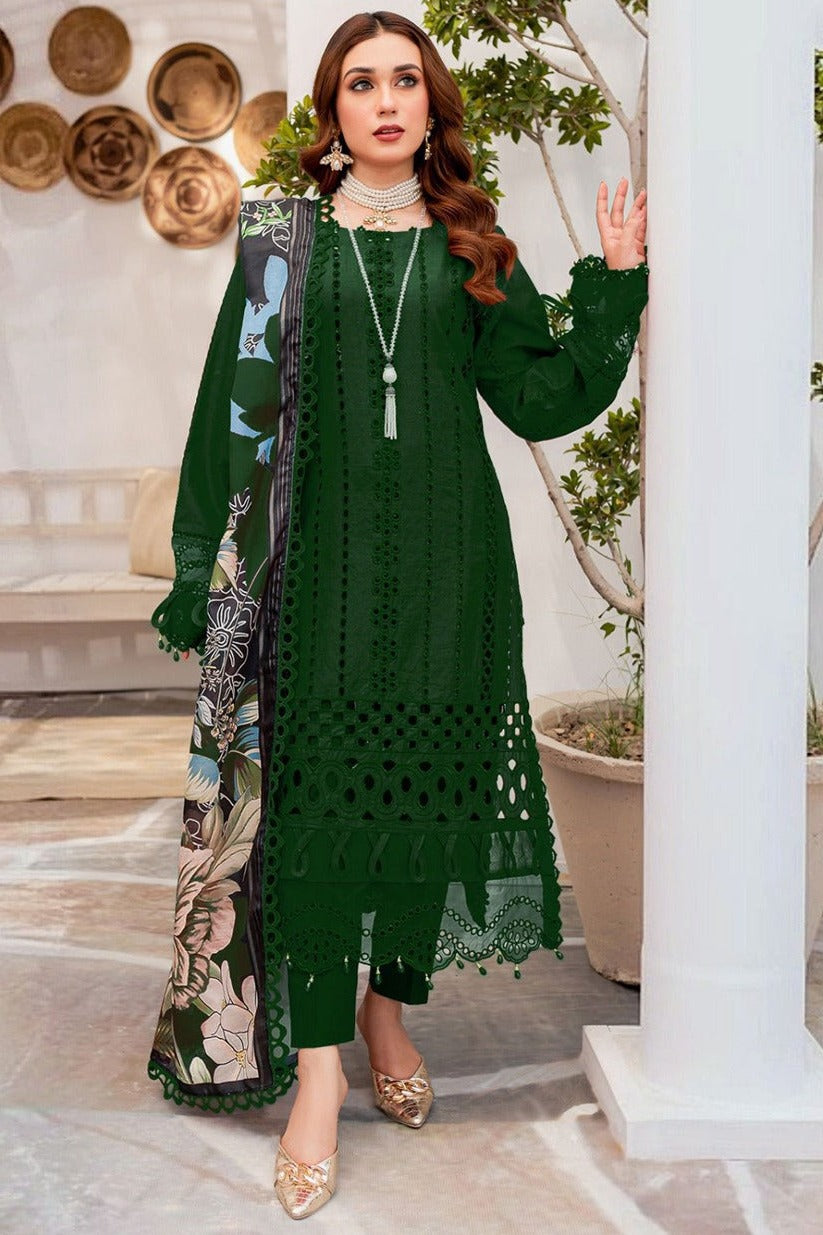 MARIA B-3PC CHIKANKAARI LAWN EMBROIDERED SHIRT WITH MONARK PRINT DUPATTA AND TROUSER-W.J-1626