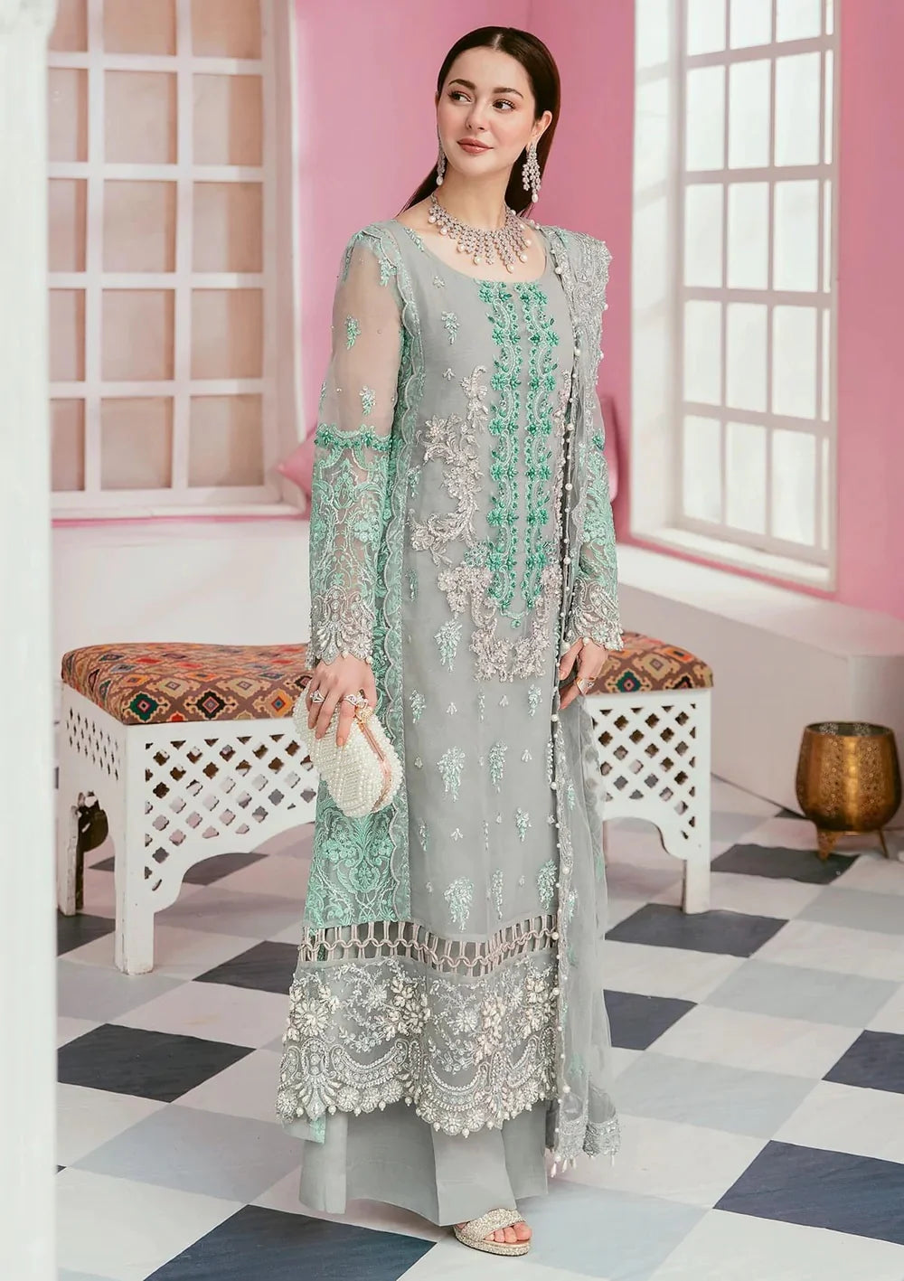 ELAF-ORGANZA PANEL EMBROIDERED ORGANZA DAMAN WITH PEARL WITH ORGANZA EMBROIDERED READY TO WEAR DUPATTA WITH TROUSER-W.J-1215