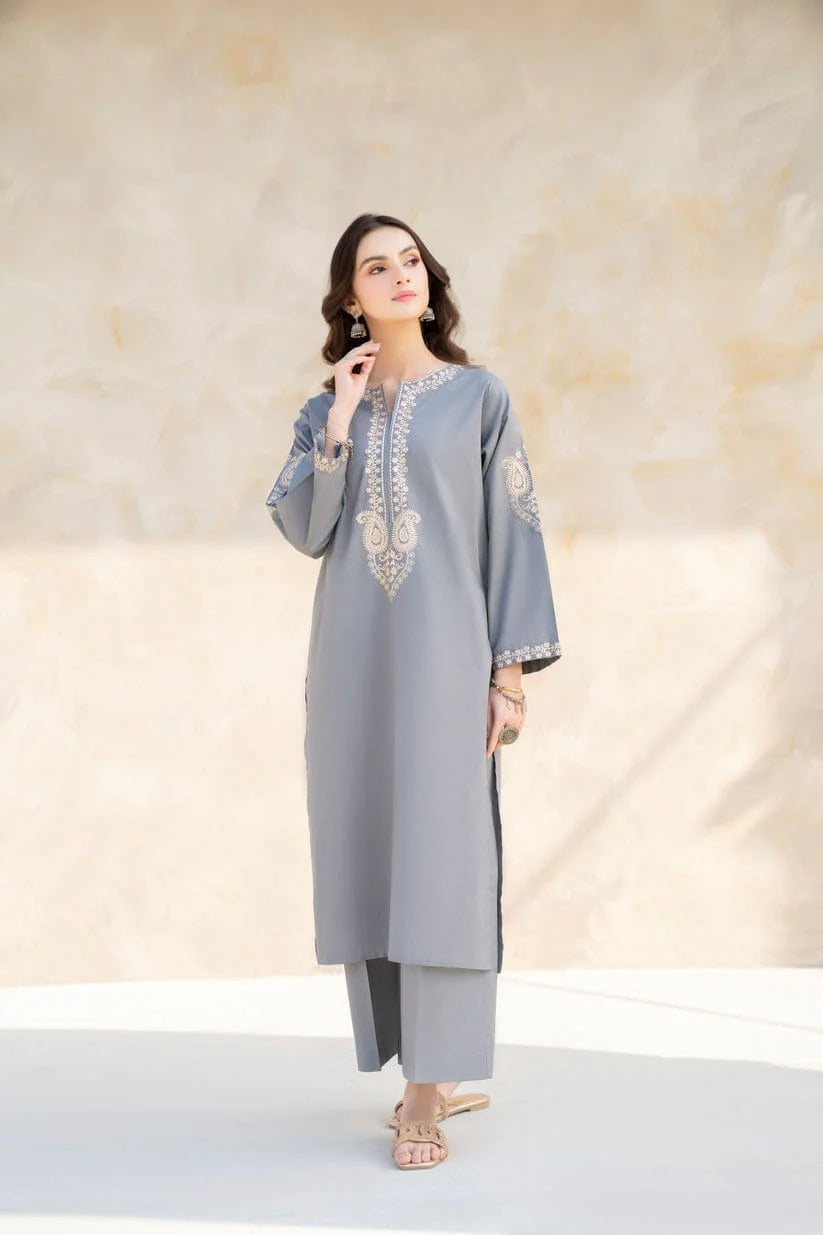 HANA- 2PC DHANAK EMBROIDERED SHIRT AND TROUSER-W.J-1249