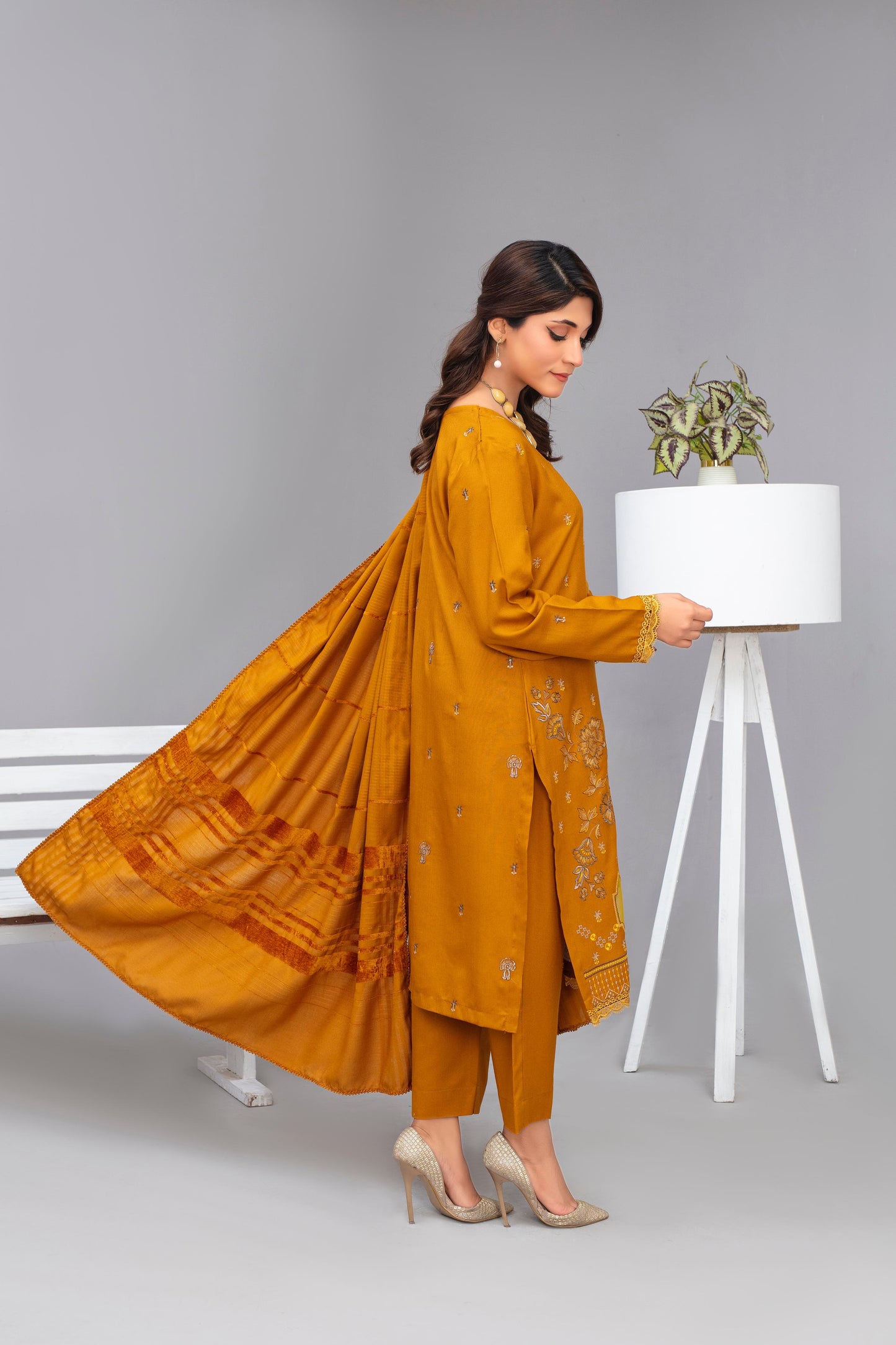 WearJora-3PC Dhanak Embroidered Shirt with Velvet Dhanak Shawl and Trouser-W.J-1055