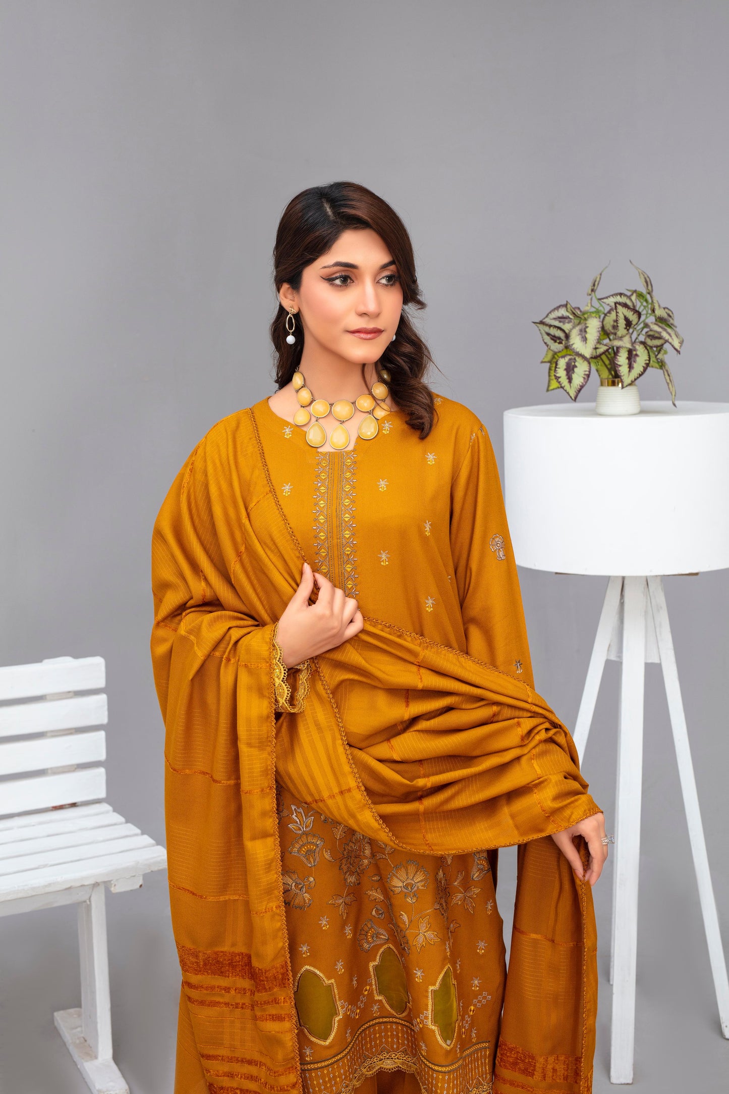 WearJora-3PC Dhanak Embroidered Shirt with Velvet Dhanak Shawl and Trouser-W.J-1055