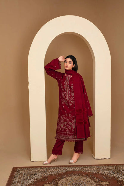 WearJora-3PC Dhanak Embroidered Shirt with Velvet Dhanak Shawl and Trouser-W.J-1291