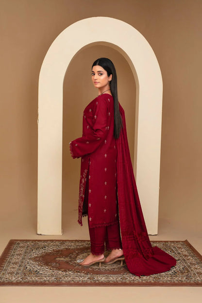 WearJora-3PC Dhanak Embroidered Shirt with Velvet Dhanak Shawl and Trouser-W.J-1291