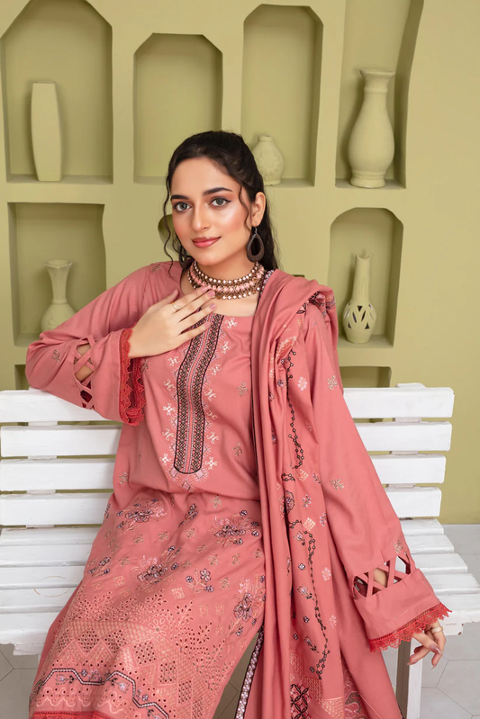 WearJora-3PC DHANAK EMBROIDERED SHIRT WITH DHANAK CUTWORK EMBROIDERED SHAWL AND TROUSER-W.J-1781