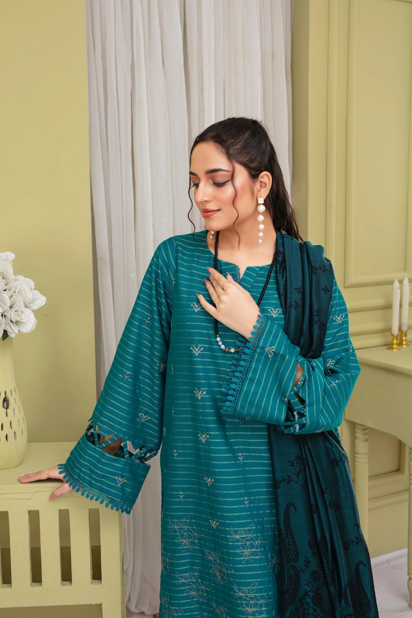 WearJora-3PC KHADAR CUTWORK EMBROIDERED SHIRT WITH KASHMIRI JACQUARD WOOL SHAWL-W.J-1314