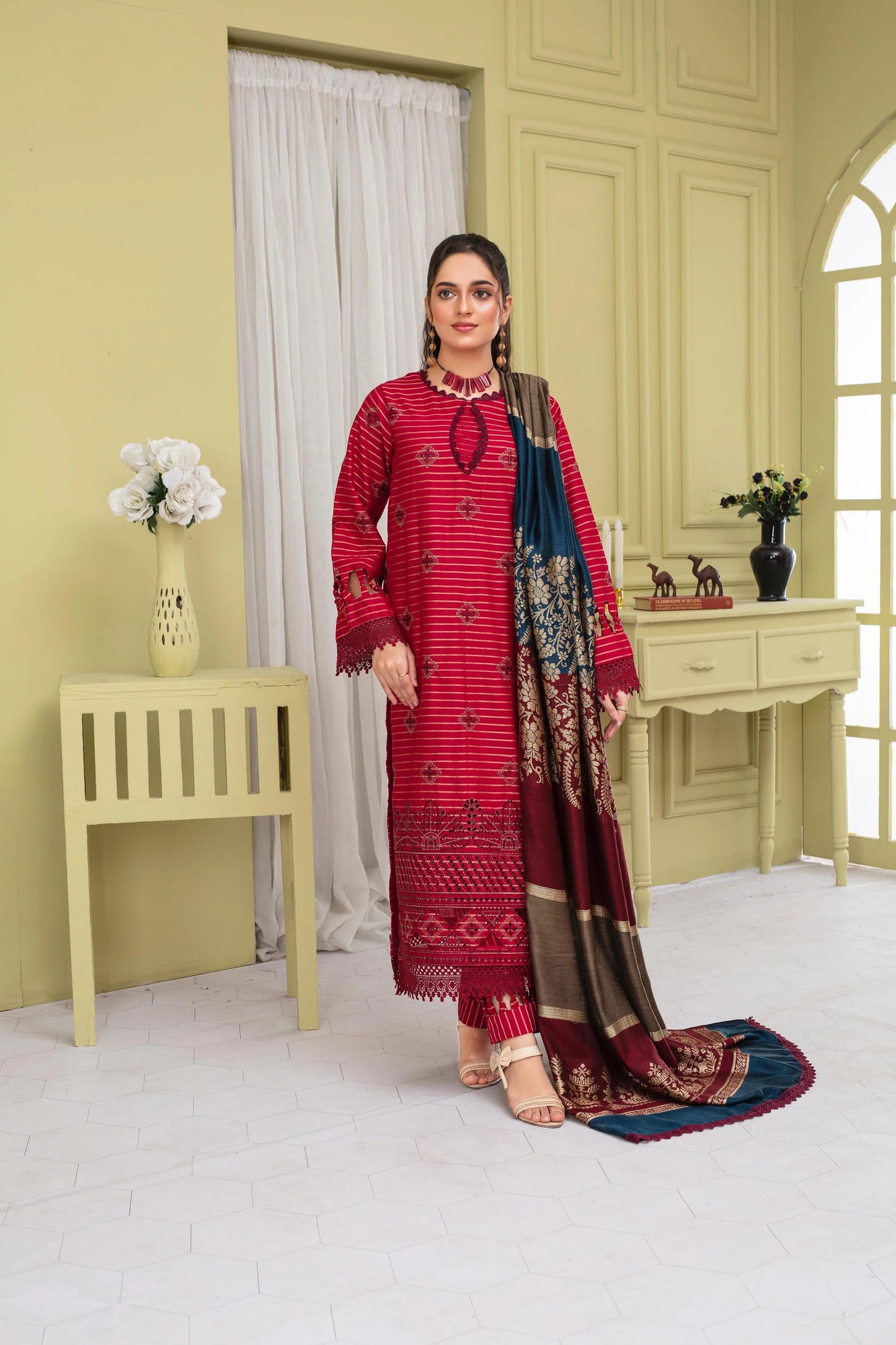 WearJora-3PC KHADAR CUTWORK EMBROIDERED SHIRT WITH KASHMIRI JACQUARD WOOL SHAWL-W.J-1316