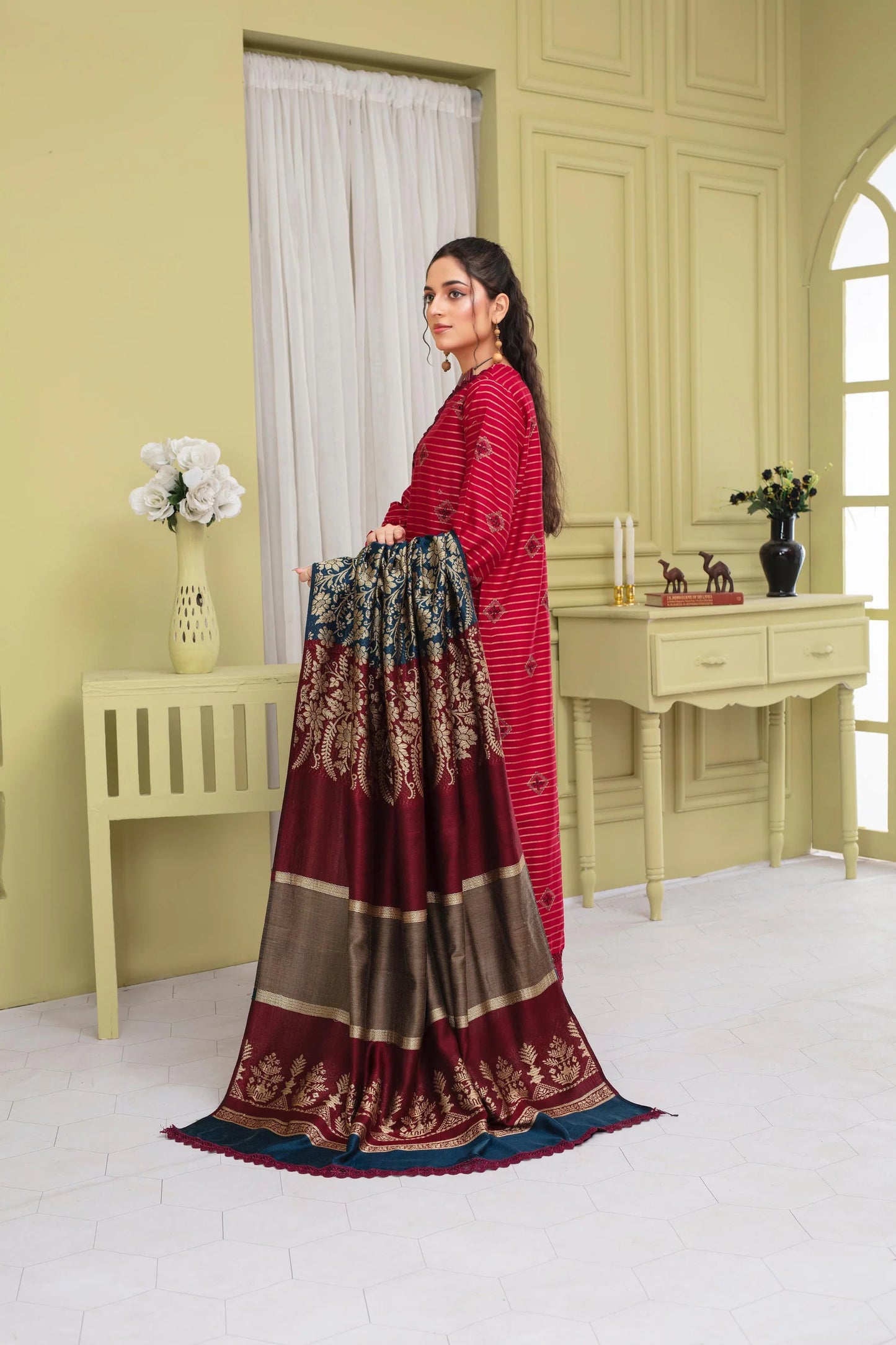 WearJora-3PC KHADAR CUTWORK EMBROIDERED SHIRT WITH KASHMIRI JACQUARD WOOL SHAWL-W.J-1316