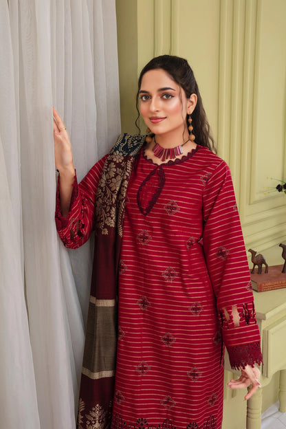 WearJora-3PC KHADAR CUTWORK EMBROIDERED SHIRT WITH KASHMIRI JACQUARD WOOL SHAWL-W.J-1316
