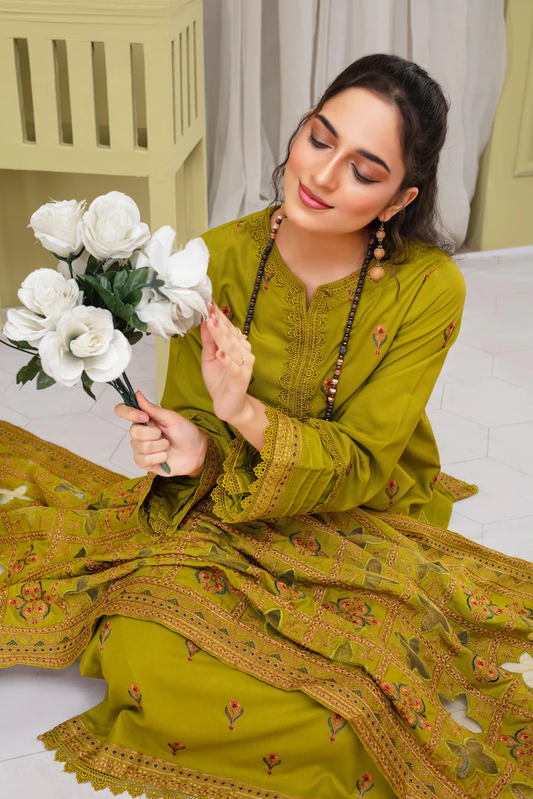 WearJora-3PC DHANAK EMBROIDERED SHIRT WITH DHANAK CUTWORK EMBROIDERED SHAWL AND TROUSER-W.J-1780