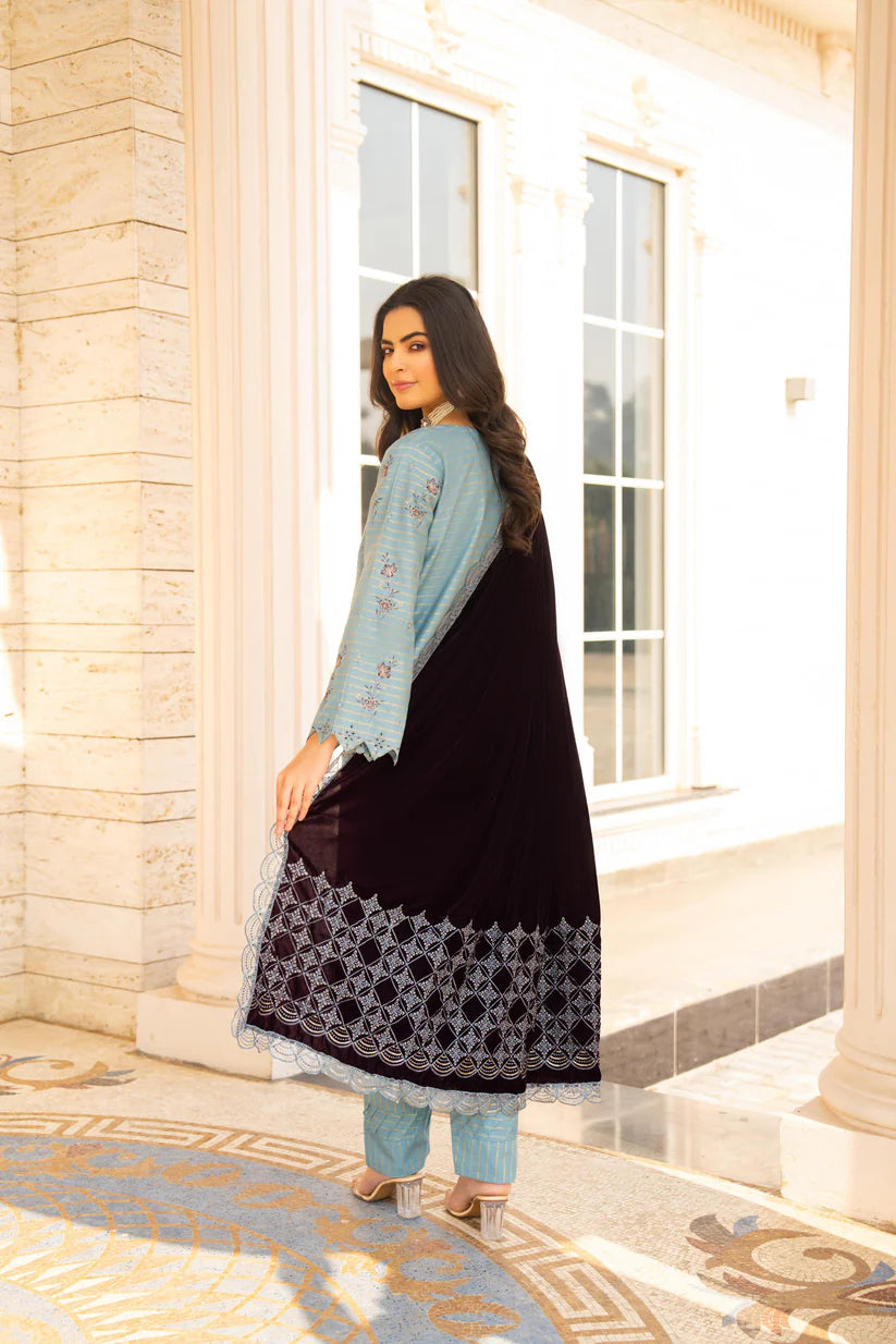 WearJora-3PC KHADDAR EMBROIDERED SHIRT WITH VELVET EMBROIDERED READY TO WEAR SHAWL- W.J-1388