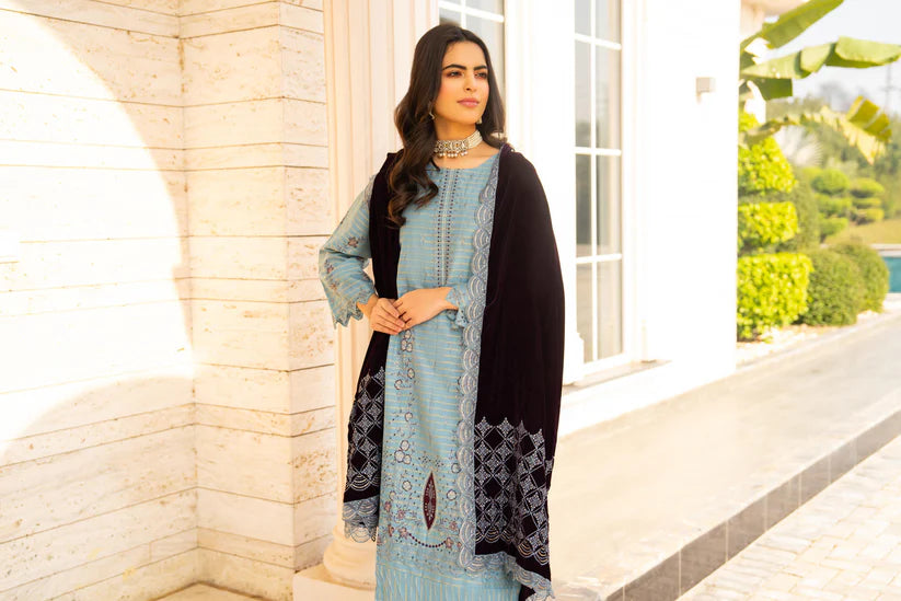 WearJora-3PC KHADDAR EMBROIDERED SHIRT WITH VELVET EMBROIDERED READY TO WEAR SHAWL- W.J-1388