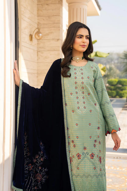 WearJora-3PC KHADDAR EMBROIDERED SHIRT WITH VELVET EMBROIDERED READY TO WEAR SHAWL- W.J-1387