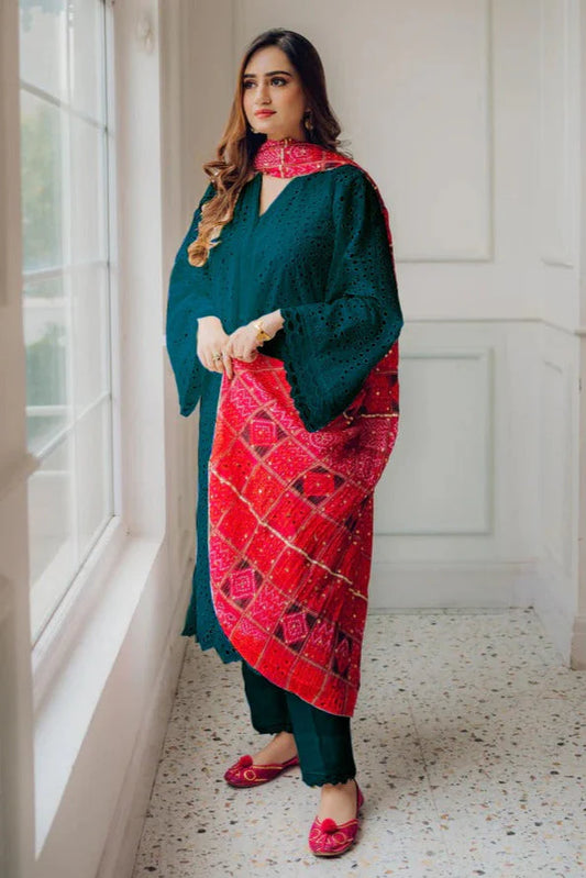 MARIA B-3PC CHIKANKAARI LAWN EMBROIDERED SHIRT WITH CHUNRI PRINT DUPATTA AND TROUSER-W.J-1717