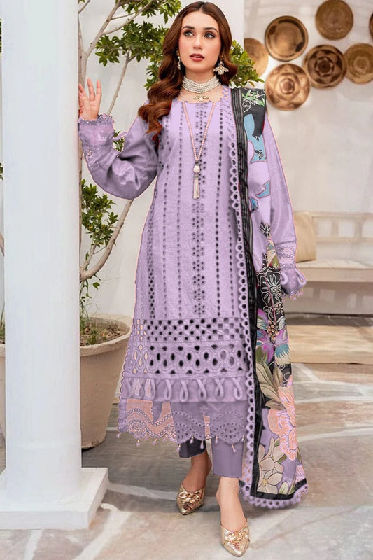 MARIA B-3PC CHIKENKAARI LAWN EMBROIDERED SHIRT WITH MONARK PRINT DUPATTA AND TROUSER-W.J-1761