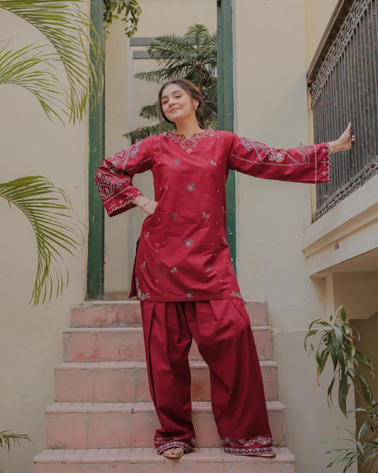 URGE-2PC DHANAK EMBROIDERED SHIRT AND EMBROIDRED TROUSER-WJ-1945