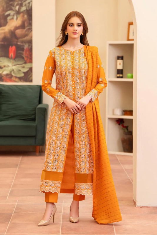 MIRAKHI - 3PC LAWN CHIKENKAARI EMBROIDERED SHIRT WITH LAWN TUBE SLUB DUPATTA AND TROUSER-W.J-1748